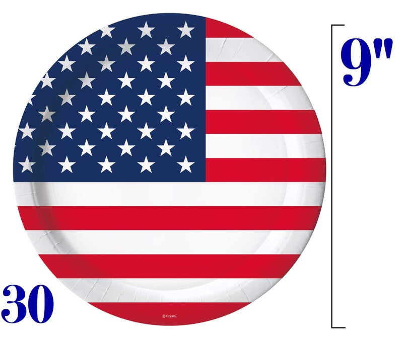 Oojami Serves 30 Party Pack 4th of July Patriotic American Stars and Stripes 9" Dinner Paper Plates 7" Dessert Paper Plates Cups Napkins 2 Table Cover 4th of July Party Supplies American Party Theme - Image 3